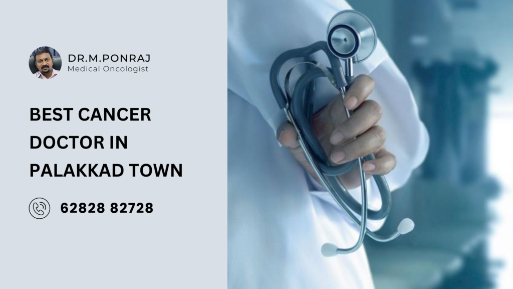 A professional oncologist consulting with a patient in a medical office, discussing cancer treatment options with a compassionate approach.