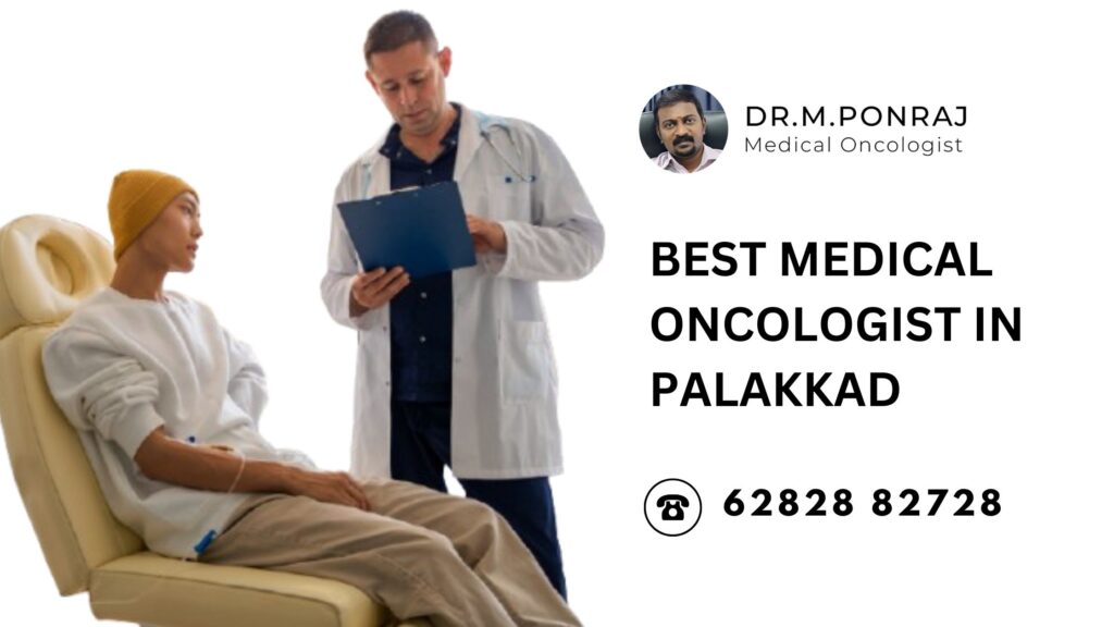 Dr. Ponraj, the best medical oncologist in Palakkad, consulting a patient with a compassionate and expert approach in a modern oncology clinic.