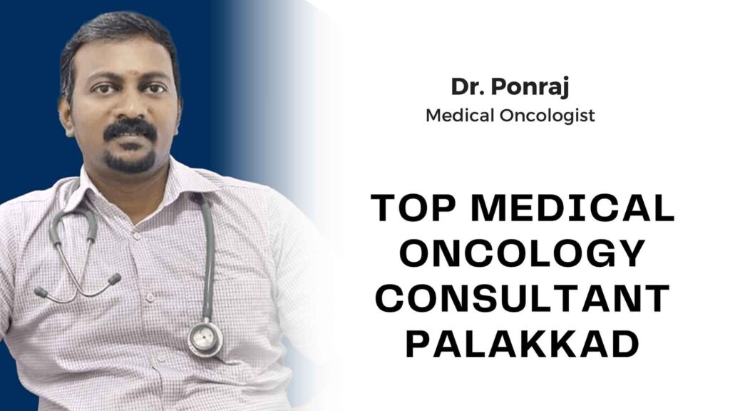 Dr. M. Ponraj consulting with a patient in a bright, modern oncology clinic in Palakkad